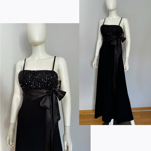 SELBIN Dresses & Skirts - NWT A-LINE LONG DRESS SPAGHETTI STRAP EMPIRE WAIST BEADED GOWN IN BLACK WITH TIE